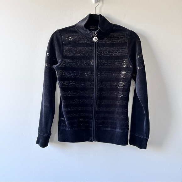 BCBG Maxazria Sweater Women's Size Small Black Velvet & Sequins Y2K Spell Out - Picture 1 of 12